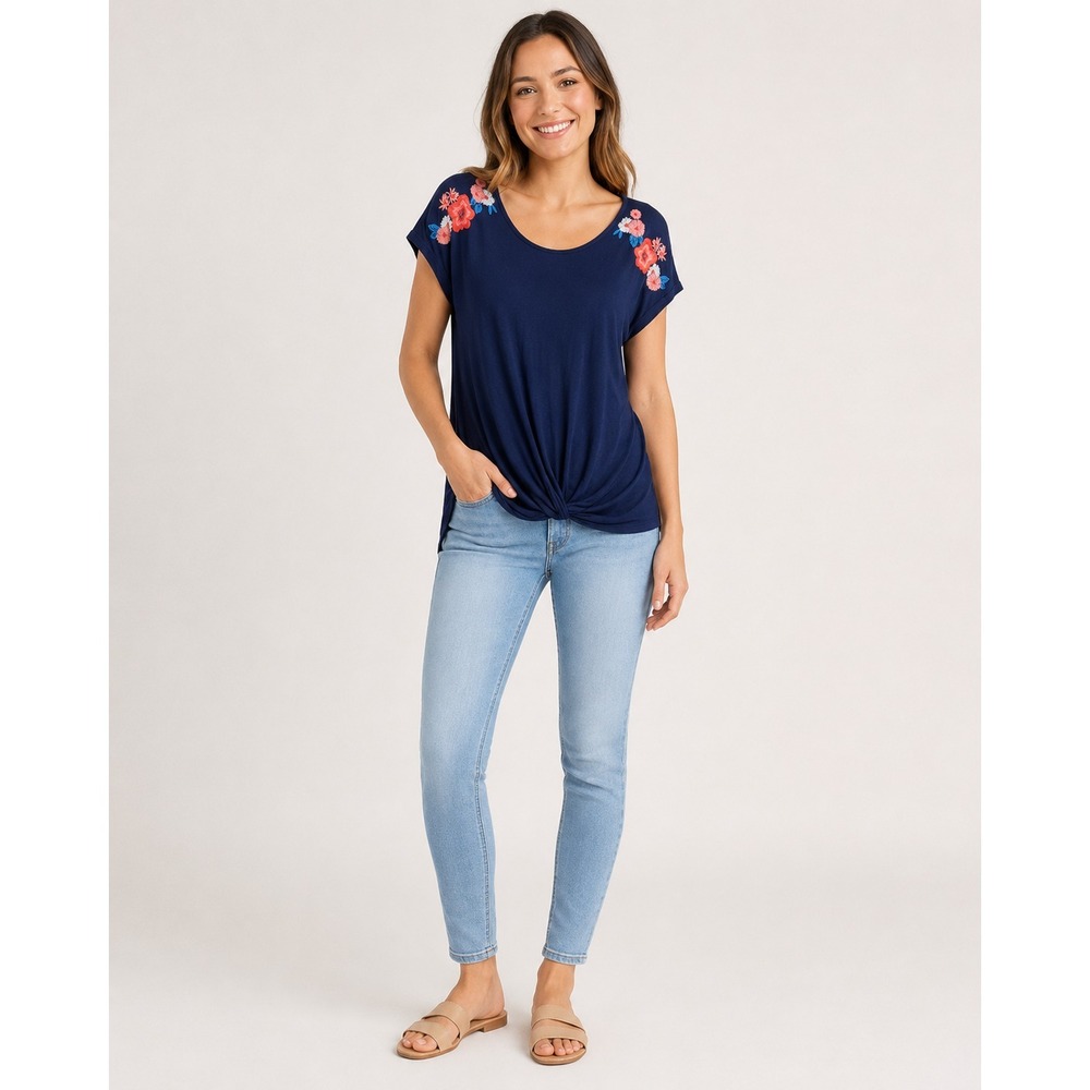 W5 Top Womens Large Navy Blue Floral Embroidered Shoulder Caps Rayon Twisted Hem